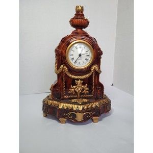 12" Heavy Resin Carved Mantle Clock French Style Fleur De Lis Quartz Gold Brown
